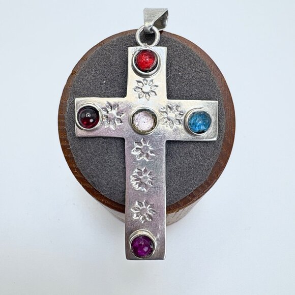 Sterling Silver 925 Multi-Gemstone Flower Design Cross Pendant Size 2.5" Length - Picture 1 of 11